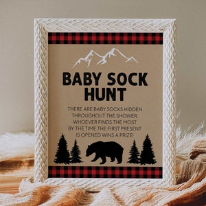 baby sock hunt game sign // lumberjack bear baby shower, lumberjack theme, woodland, buffalo plaid, baby boy, printable baby shower sign