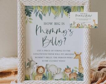 how big is mommy's belly game // jungle animals, safari, baby boy, jungle baby shower theme, baby shower sign, printable sign