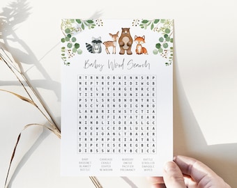 baby word search game // woodland baby shower, woodland animals, watercolor greenery, baby shower game, printable