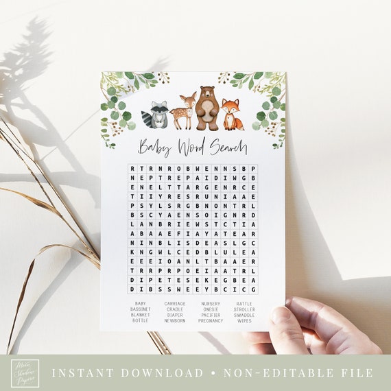 baby word search game // woodland baby shower, woodland animals, watercolor greenery, baby shower game, printable