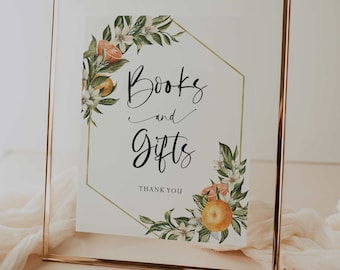 książki i prezenty znak // cytrusowy baby shower, cytrusowy, pomarańczowy, słodki, znak baby shower, neutralny pod względem płci, drukowany znak na wieczór panieński
