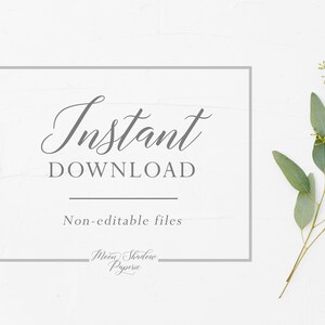 May include: A white background with a gray rectangle containing the text "Instant Download" and "Non-editable files". Below the rectangle is the text "Moon Shadow Paperie". A sprig of eucalyptus is on the right side of the image.