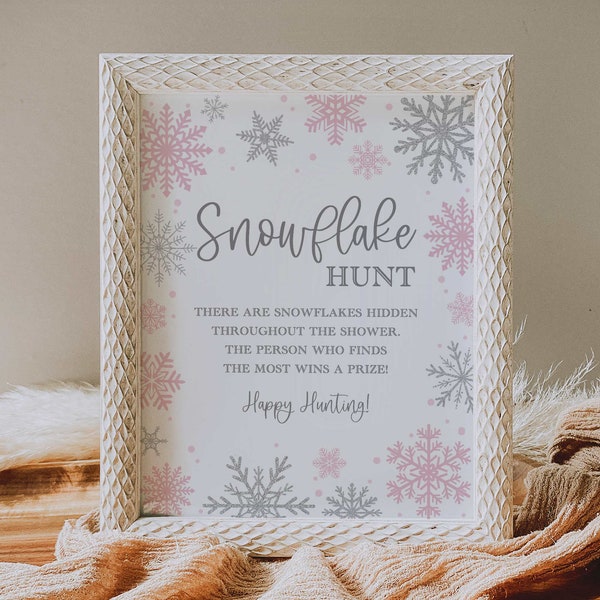 snowflake hunt sign // winter baby shower, snowflake, blush pink silver, snow, baby girl, printable baby shower sign