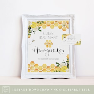 guess how many honeycombs // bee baby shower, bee theme, baby bee, gender neutral, yellow floral, honeycomb, printable baby shower sign