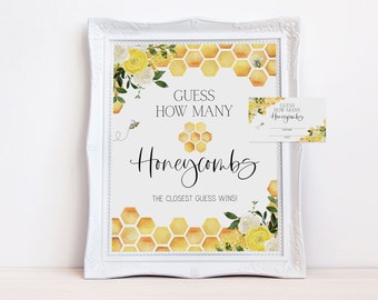 guess how many honeycombs // bee baby shower, bee theme, baby bee, gender neutral, yellow floral, honeycomb, printable baby shower sign