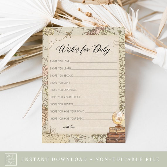 wishes for baby card // travel baby shower, luggage, suitcase, map, printable baby shower game