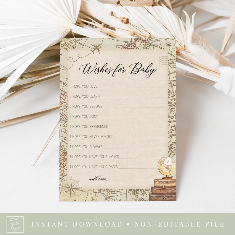 Może przedstawiać: Drukowana karta na baby shower z vintage mapą świata w tle. Karta zawiera tekst "Wishes for Baby" i listę życzeń dla dziecka, takich jak "Mam nadzieję, że będziesz kochać", "Mam nadzieję, że będziesz się uczyć" i "Mam nadzieję, że będziesz doświadczać".