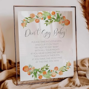 don&#39;t say baby game sign // peach baby shower, sweet little peach theme, peaches, printable baby shower sign