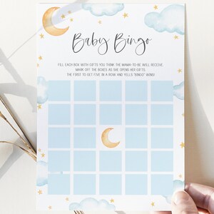 baby bingo spelkaart / / twinkelende baby douche spel, maan en sterren, twinkelende twinkeling kleine ster, blauw, jongen, afdrukbare baby douche spel