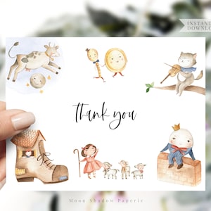 imprimible tamaño a2 tamaño tarjeta de agradecimiento // guardería rima baby shower, género neutro, madre ganso, imprimible nota de agradecimiento