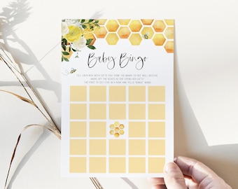 baby bingo game // bee baby shower, bee theme, baby bee, gender neutral, yellow floral, honeycomb, bees, printable baby shower game