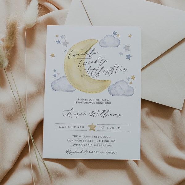 twinkle twinkle little star baby shower invitación // moon stars, twinkle little star, baby boy, invitación imprimible baby shower