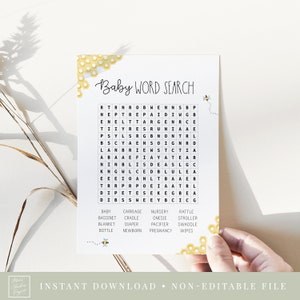 baby woord zoeken spelkaart // hommel babyshower thema, bijen, geel, genderneutraal, bijen baby douche spelletjes