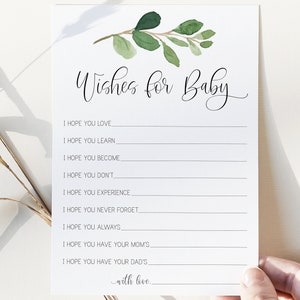 souhaits pour la carte de bébé // douche de bébé d’eucalyptus, verdure, floral vert, boho boho, jeu imprimable de douche de bébé