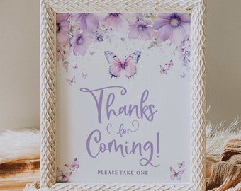 wydrukowany znak podziękowania za przybycie // kwiatowy motyl lawendowy, znak na baby shower, przyjęcie urodzinowe, wieczór panieński, natychmiastowe pobranie