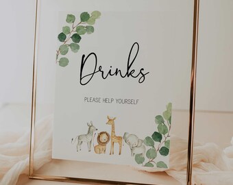 drinks sign // jungle baby shower, jungle animals, safari, greenery, gender neutral, printable baby shower sign