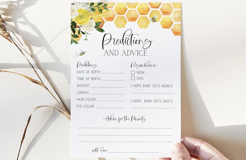 yellow floral bee theme gender neutral bees printable baby shower game baby bee predictions and advice card bee baby shower