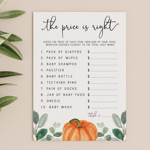 de prijs is juiste spelkaart // pompoen babyshower, herfst herfst, aquarel groen, eucalyptus, gender neutraal, afdrukbaar spel