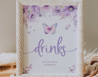 wydrukowany znak na napoje // kwiatowy motyl lawendowy, znak na baby shower, przyjęcie urodzinowe, wieczór panieński, natychmiastowe pobieranie