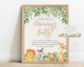 how big is mommy's belly game // jungle animals, safari, baby boy, jungle baby shower theme, baby shower sign, printable sign