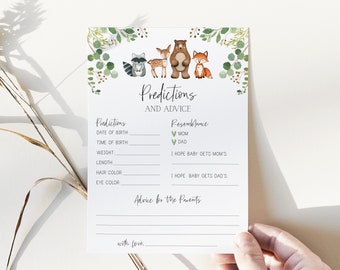 predictions and advice card // woodland baby shower, woodland animals, watercolor greenery, baby shower game, printable