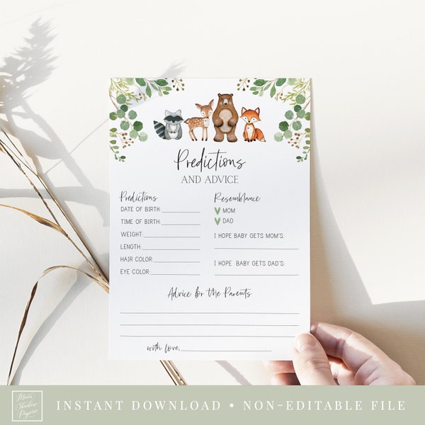 predictions and advice card // woodland baby shower, woodland animals, watercolor greenery, baby shower game, printable