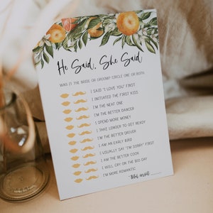 he said she said game // citrus bridal shower, citrus, orange, bridal shower game, wedding shower, printable bridal shower game