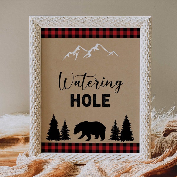 watering hole sign // lumberjack bear baby shower, lumberjack theme, woodland, buffalo plaid, baby boy, printable baby shower sign