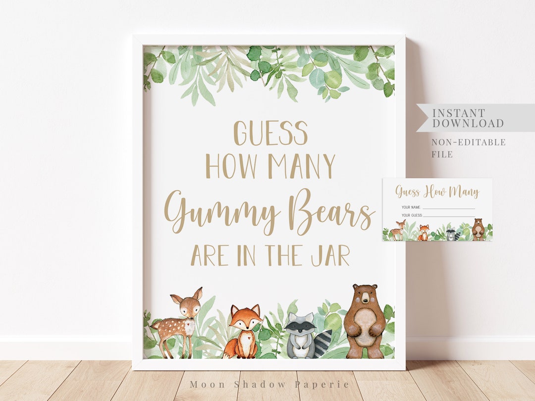 Guess How Many Gummy Bears Are in the Jar Sign and Card // Woodland