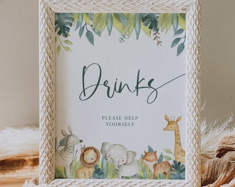 drinks table sign // jungle animals, safari, baby boy, jungle baby shower theme, baby shower sign, printable sign