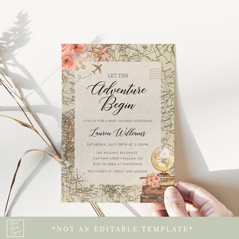 let the adventure begin baby shower invitation floral travel baby shower luggage map airplane baby girl printable baby shower