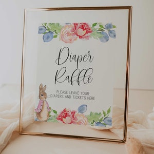 diaper raffle sign // peter rabbit baby shower, pink peter rabbit, blush pink floral, printable baby shower sign