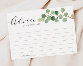 May include: A white card with the word "advice" written in cursive script. The card has a line for writing advice for the bride-to-be and a line for the person giving the advice to sign their name. The card is decorated with a watercolor illustration of a eucalyptus branch with green leaves.