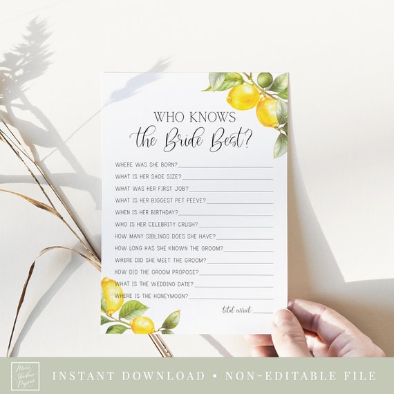 who knows the bride best game // lemon bridal shower, lemons, citrus, lemon theme, printable bridal shower game, wedding shower