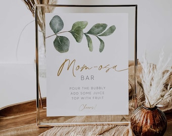 mom-osa bar sign // printable baby shower sign, eucalyptus, greenery, green floral, printable baby shower sign