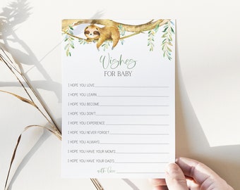 May include: A white baby shower game card with a watercolor sloth hanging from a tree branch. The card reads "Wishes for Baby" and includes fill-in-the-blank prompts. The bottom of the card says "with love."