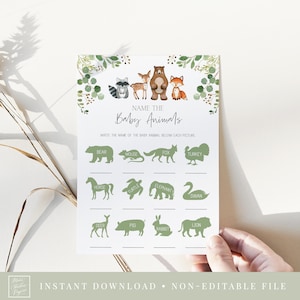 baby animals game // woodland baby shower, woodland animals, watercolor greenery, printable baby shower game