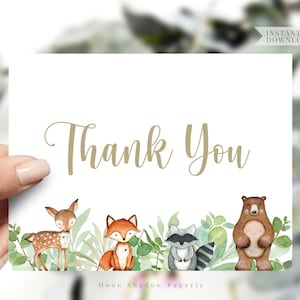printable flat thank you card // woodland baby shower, woodland animals, gender neutral, printable thank you card