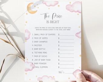 May include: A printable baby shower game with a pink and gold cloud and star design. The game is called "The Price is Right" and asks guests to guess the price of various baby items.
