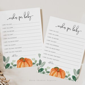 K&ouml;nnte beinhalten: Zwei druckbare Karten mit Herbstthema. Die Karten haben ein K&uuml;rbis- und Gr&uuml;npflanzen-Design. Der Text auf den Karten lautet "wishes for baby". Die Karten haben Zeilen zum Schreiben von W&uuml;nschen f&uuml;r ein Neugeborenes.