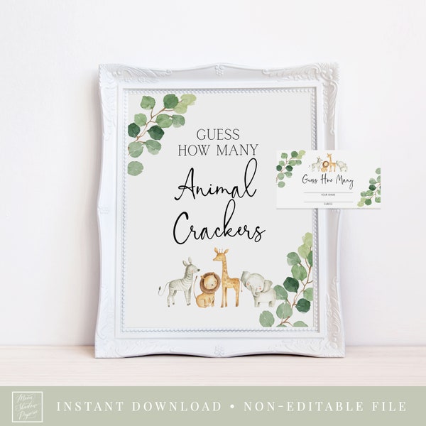 guess how many animal crackers game // jungle animals, safari, watercolor greenery, boy baby, jungle baby shower, printable baby shower sign