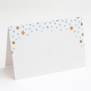 diy food label cards, table tent, place cards // blue gold stars, star confetti, twinkle little star baby shower theme
