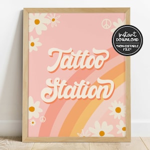 tattoo station sign // groovy birthday party, two groovy, retro, hippie, instant download