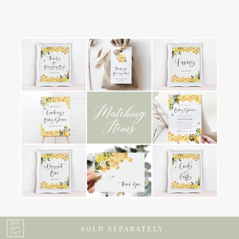 Puede incluir: Un conjunto de decoraciones imprimibles para una fiesta de bienvenida al beb&eacute; con tem&aacute;tica de abejas. Las decoraciones incluyen un cartel de bienvenida, un cartel de barra de postres, un cartel de tarjetas y regalos, una tarjeta de agradecimiento, una etiqueta de favor y una invitaci&oacute;n. Las decoraciones presentan un patr&oacute;n de panal amarillo con flores blancas y abejas.