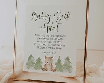 baby sock hunt game sign // baby shower sign, woodland theme, bear baby shower, baby boy, woodland trees, printable signs