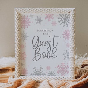 guestbook sign // winter baby shower, snowflake, blush pink silver, snow, baby girl, printable baby shower sign