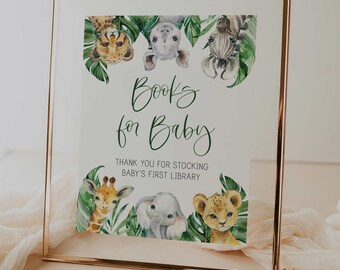 libros para letrero de bebé // baby shower en la jungla, animales de la jungla, safari, vegetación, letrero de baby shower imprimible