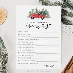 quién conoce el mejor juego de mamá // camión árbol de navidad, camión de navidad rojo, vacaciones, invierno, género neutral, juego de baby shower imprimible
