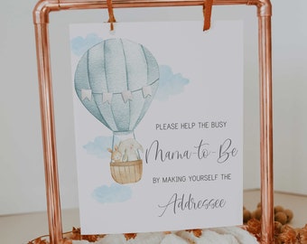 placa de destinatário // chá de bebê em balão de ar quente, para cima e para longe, a aventura o aguarda, azul, menino, placa para chá de bebê para impressão