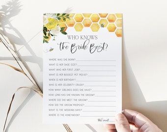 who knows the bride best game // bee bridal shower, bee theme, wedding shower, yellow floral, honeycomb, printable bridal shower game